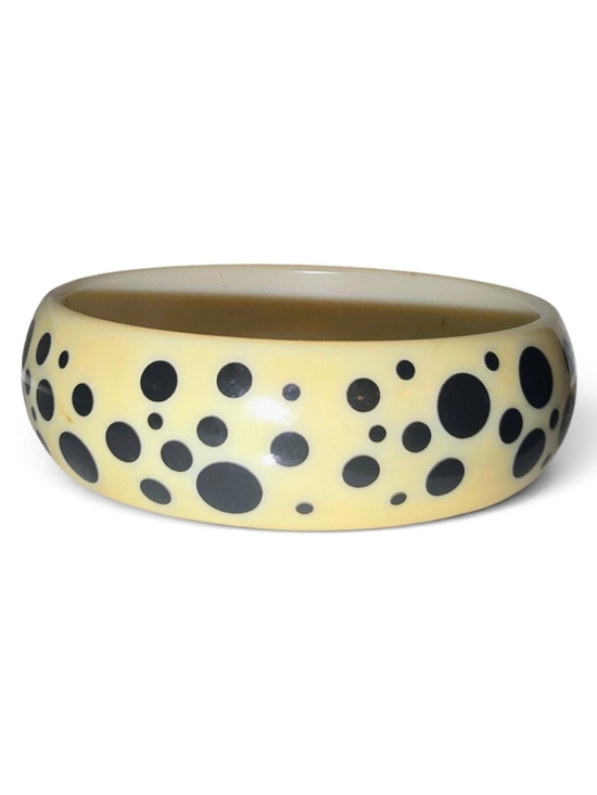 Jewelry - Vintage Bake lite White Resin Bangle with Black Polka Dots